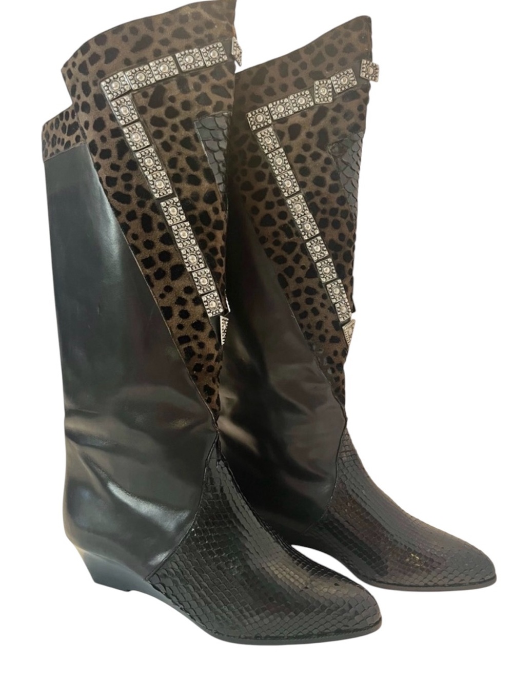 Vintage Nando Muzi Leopard Calf Hair & Leather Boots Studded Made in Italy 6.5